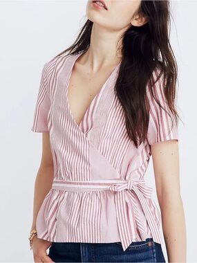 Madewell Pink & White Striped Wrap Peplum Blouse